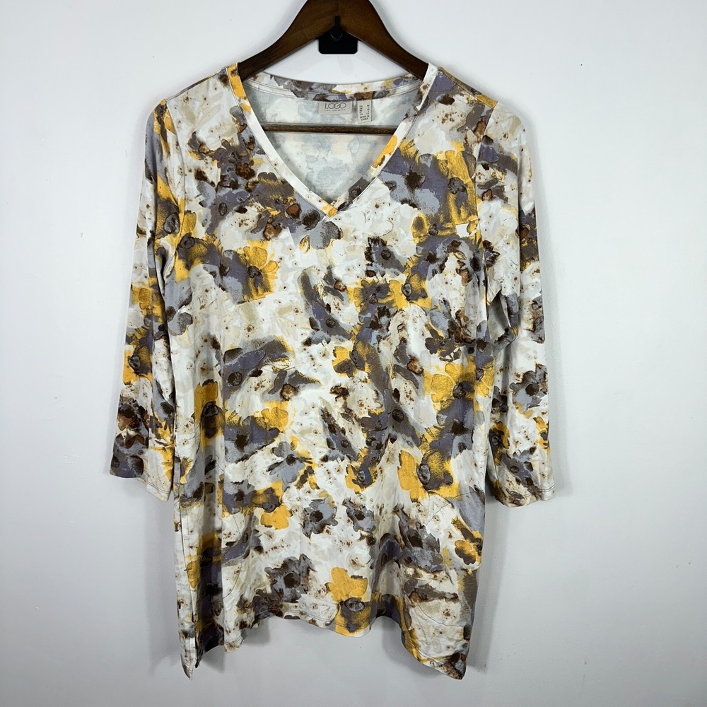 LOGO Tunic Top Women M‎ Artsy Floral Print V Neck Stretch Pocket Boho Creative
